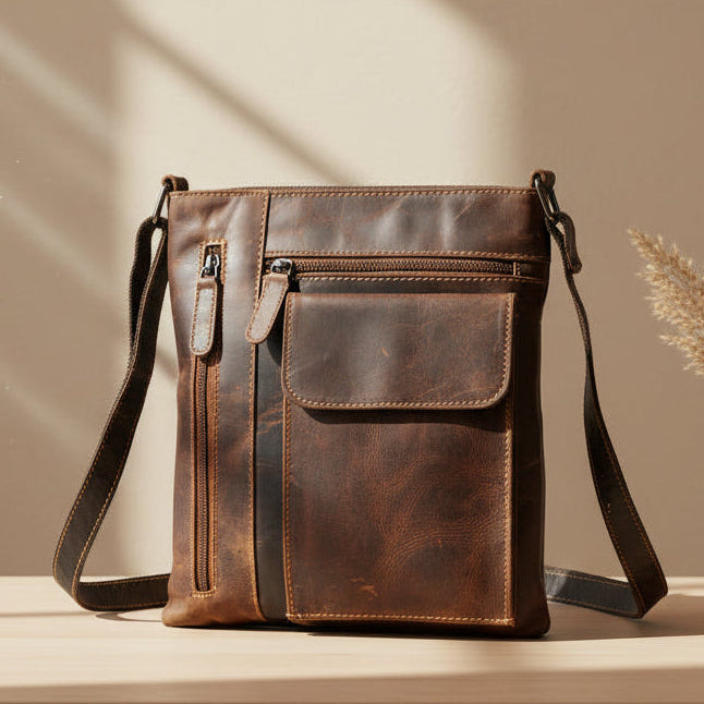 Greenwood Leather Cross Body Bag. Premium Full-Grain Leather Handbag with Multiple Pockets