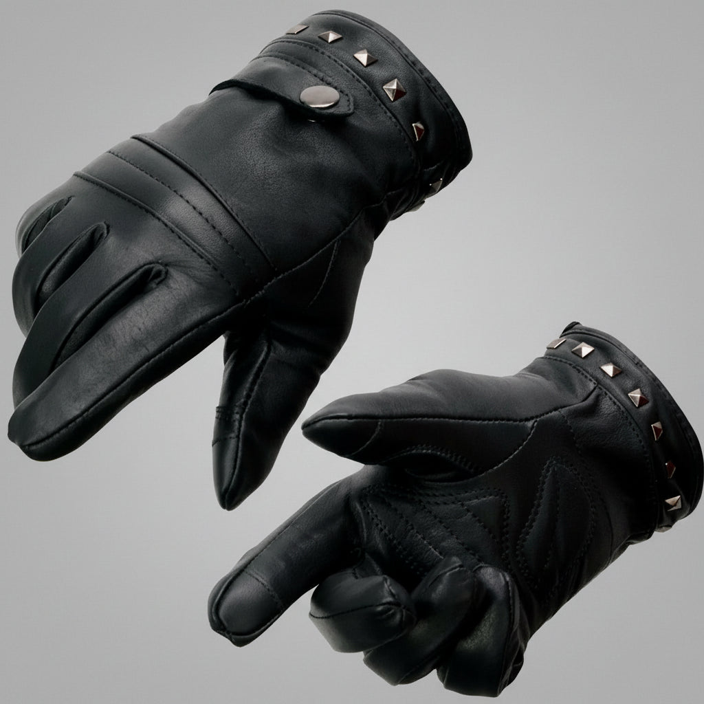 Pair of black leather gloves with studs on a white background