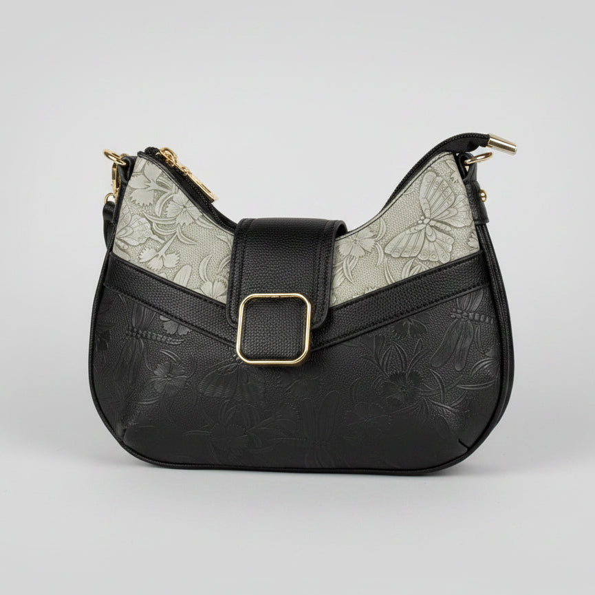 Temptation Italy Small Floral & Dragonfly Embossed Crossbody Bag. Vegan Leather Shoulder Bag