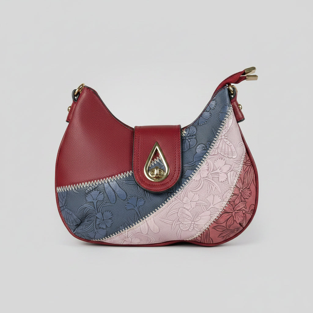 Temptation Italy Multicolor Floral & Dragonfly Embossed Handbag. Vegan Leather Crossbody & Shoulder Bag