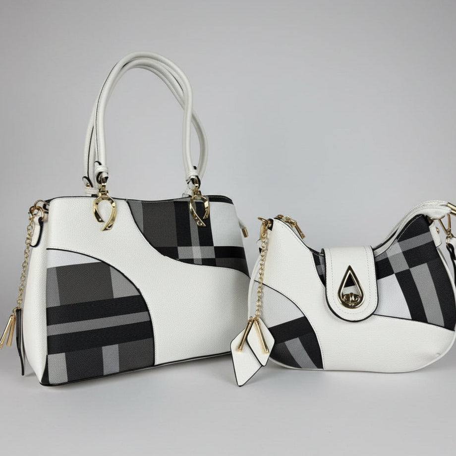 Temptation Italy Plaid Faux Leather Multi-Compartment Tote Bag with Tassel Charm