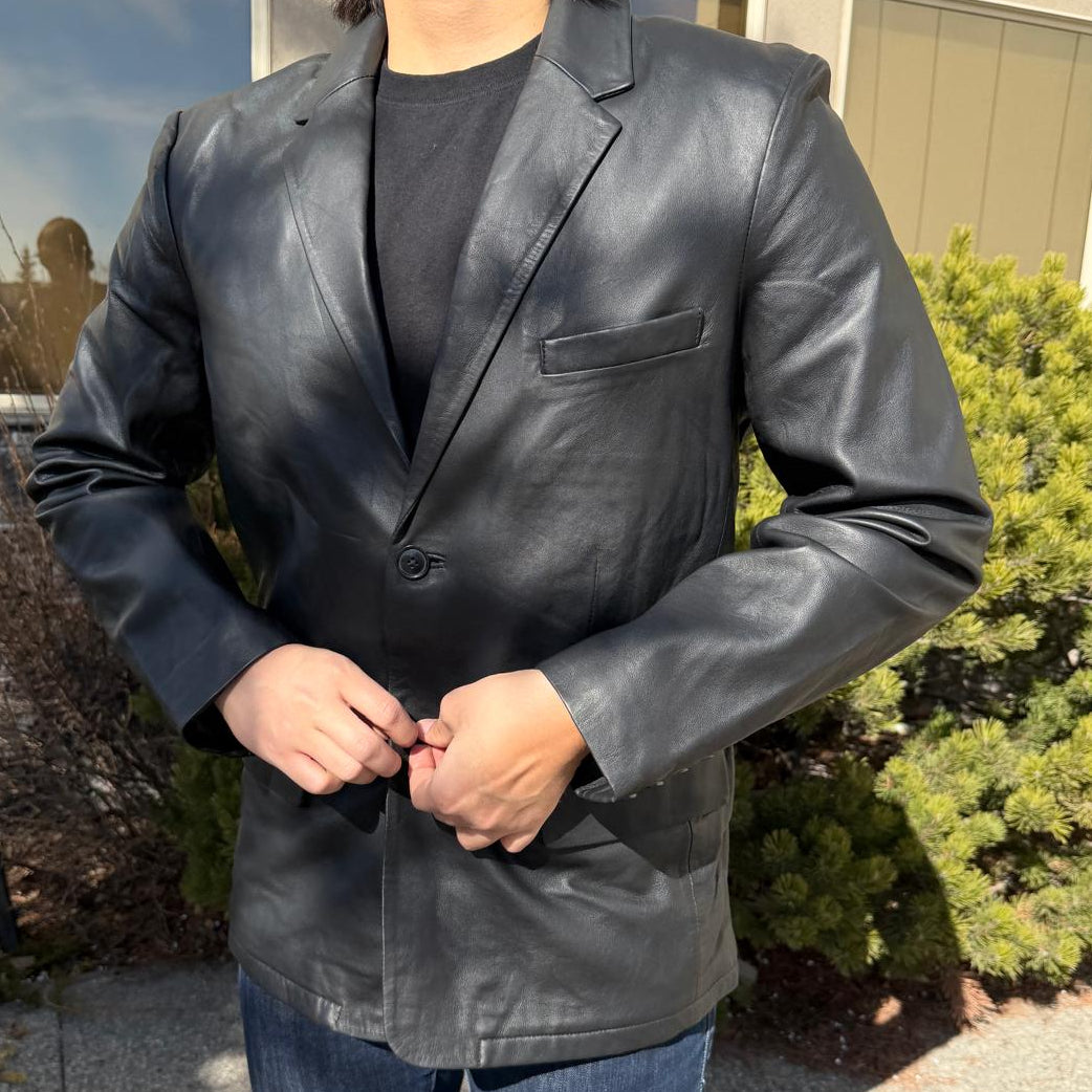 BOL Men’s Black Leather Blazer. Premium Lambskin Leather Two-Button Notch Lapel Jacket - Boutique of Leathers/Open Road