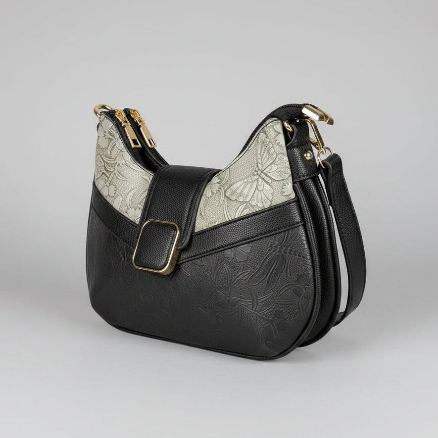 Temptation Italy Small Floral & Dragonfly Embossed Crossbody Bag. Vegan Leather Shoulder Bag