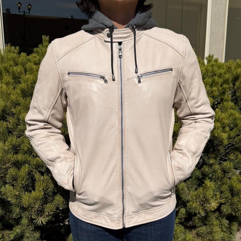 Men’s Hooded Leather Jacket. Sheep Leather Jacket with Removable Hood