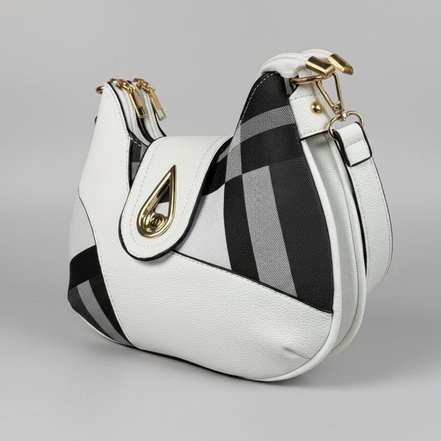 Temptation Italy Small Plaid Crescent Handbag. Vegan Leather Shoulder Bag