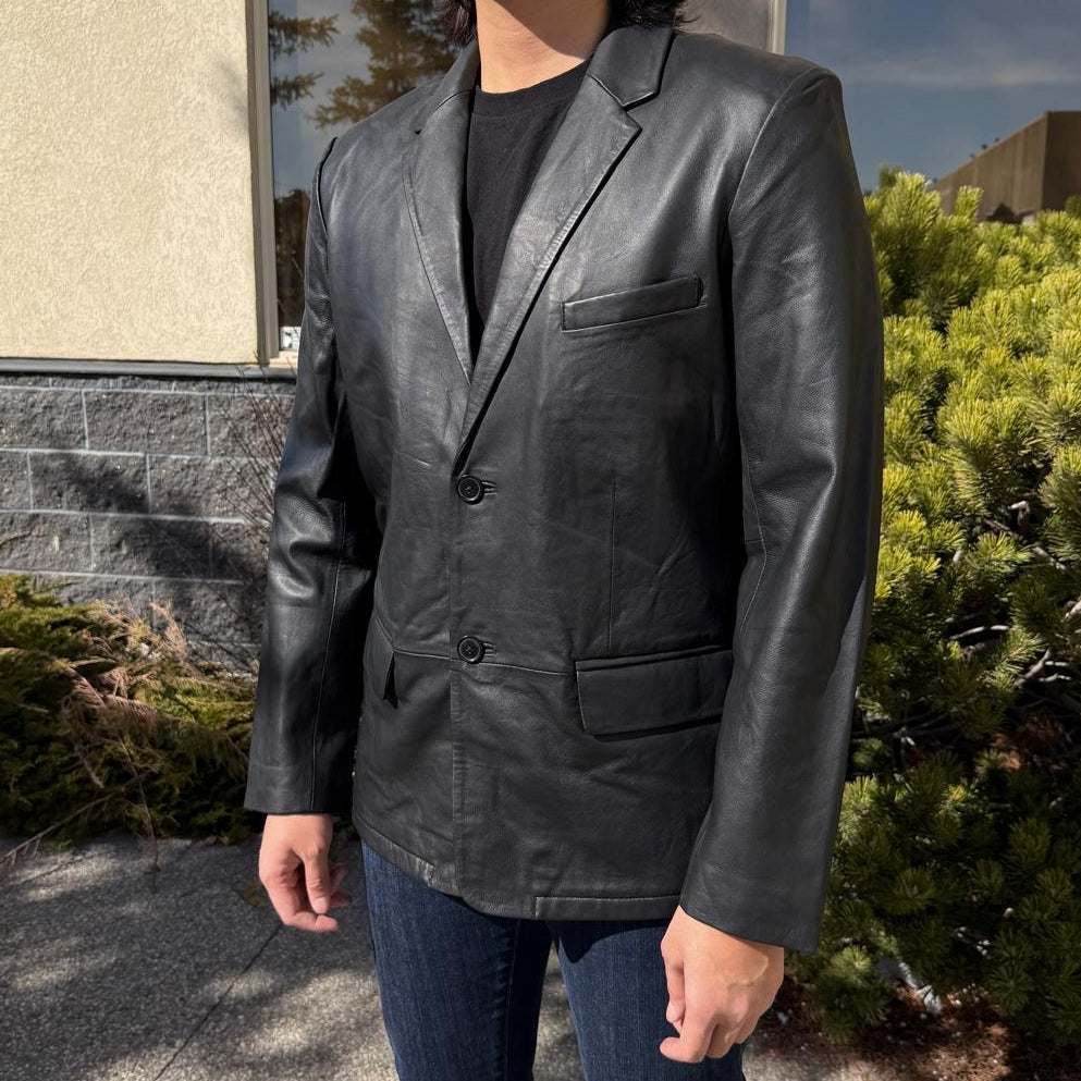 BOL Men’s Black Leather Blazer. Premium Lambskin Leather Two-Button Notch Lapel Jacket - Boutique of Leathers/Open Road