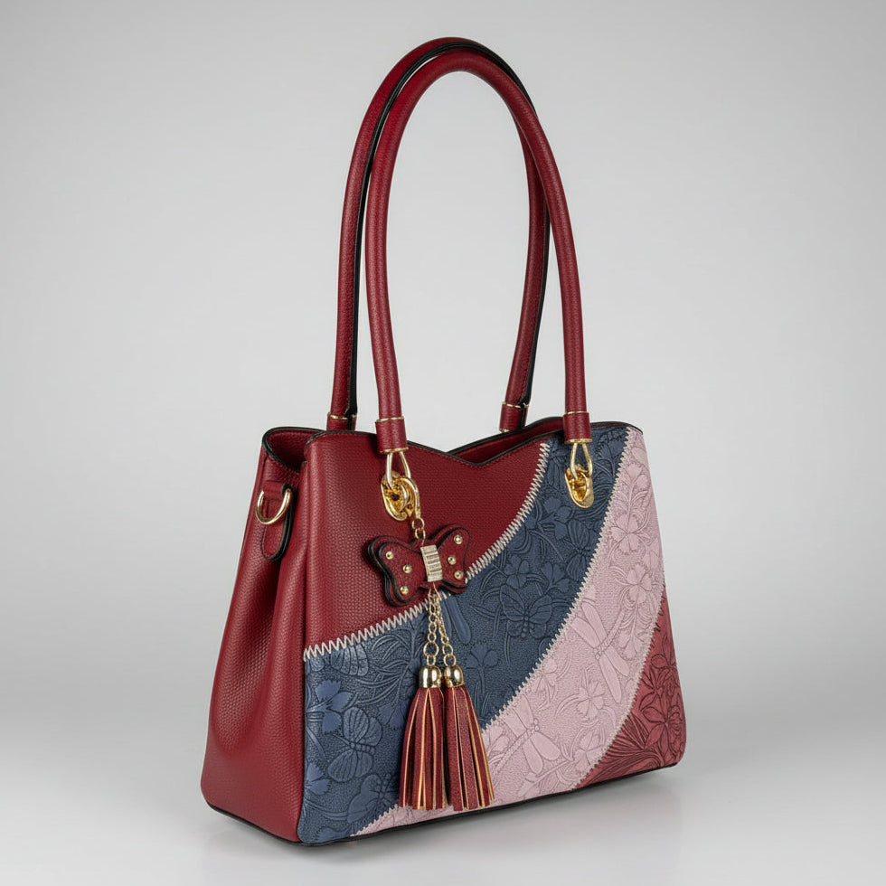 Temptation Italy Multicolor Floral & Dragonfly Embossed Shoulder Bag. Vegan Faux Leather Handbag