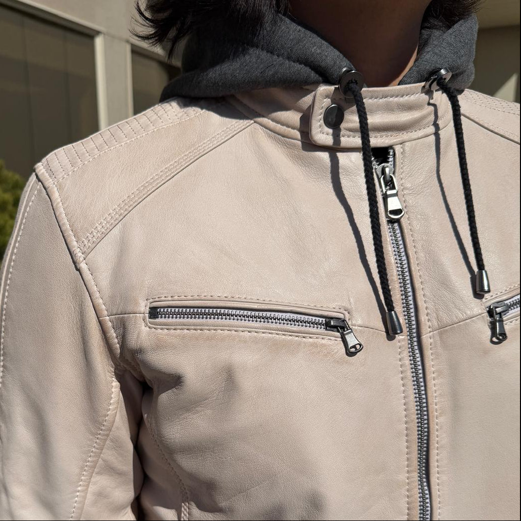 Men’s Hooded Leather Jacket. Sheep Leather Jacket with Removable Hood