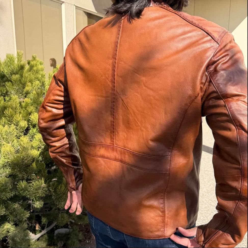 BOL Men's Racer Leather Jacket. Tan Sheep Oily Leather Moto Jacket