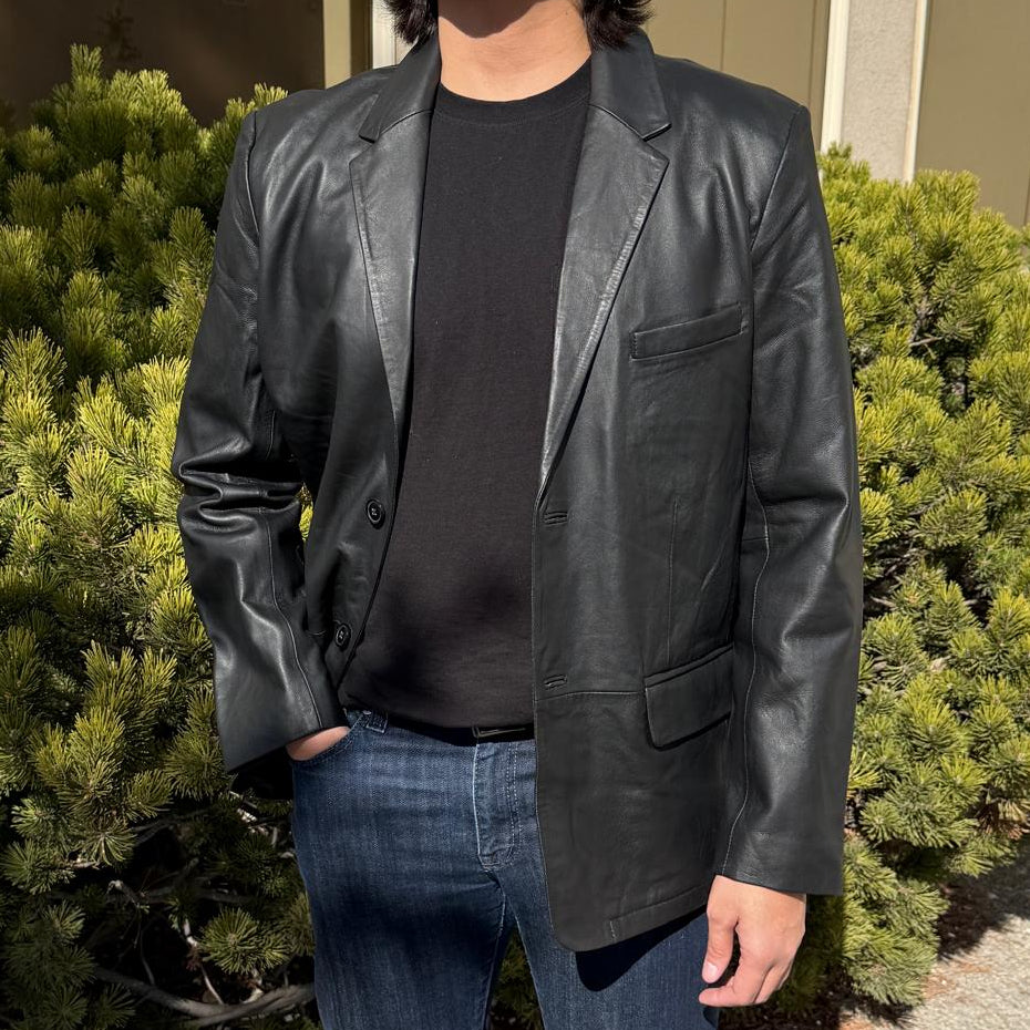 BOL Men’s Black Leather Blazer. Premium Lambskin Leather Two-Button Notch Lapel Jacket