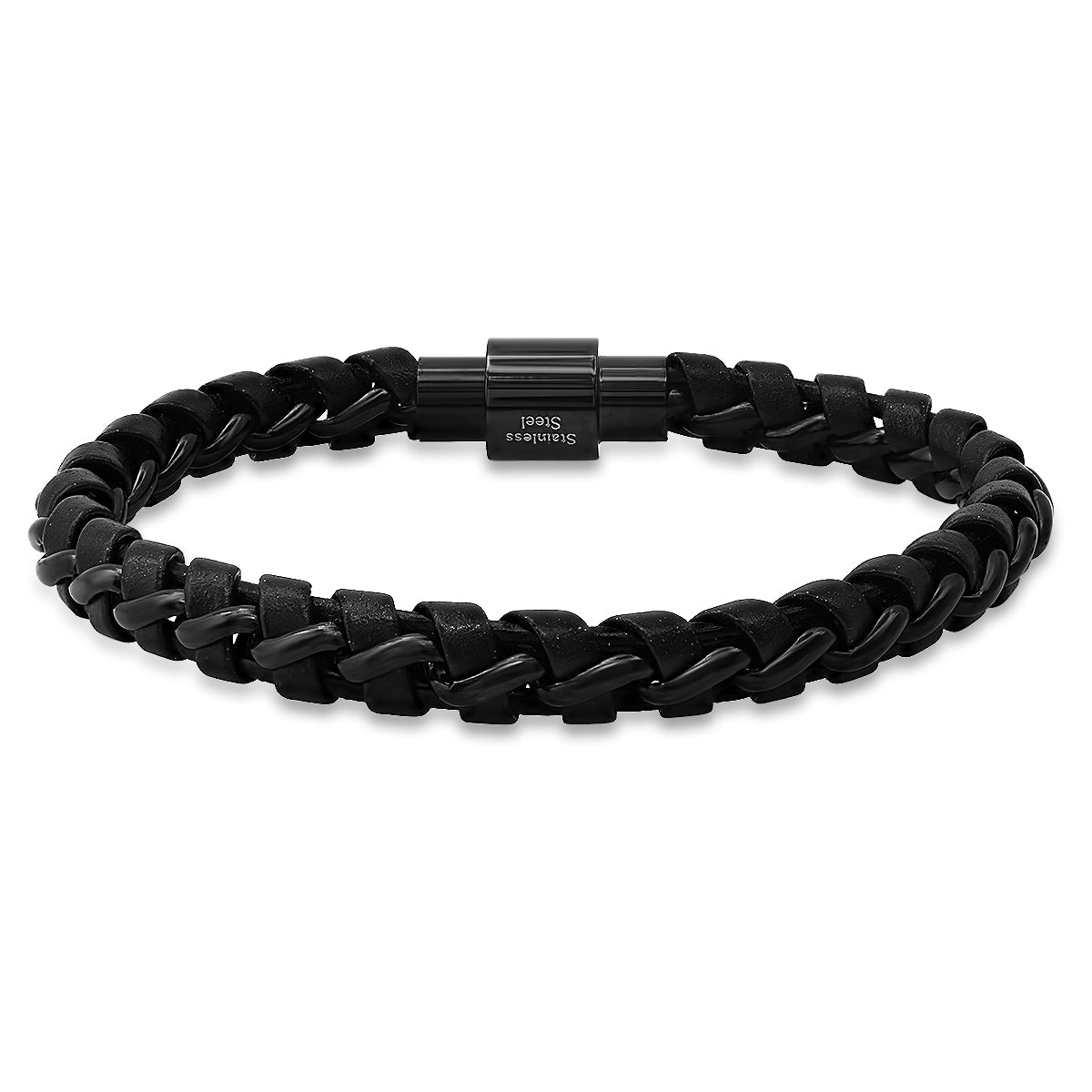 Men's Black Steel Magnetic Bracelet. Braided Leather Chain Link Biker Jewelry