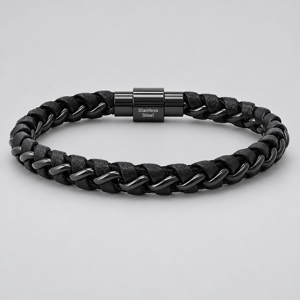 Men's Black Steel Magnetic Bracelet. Braided Leather Chain Link Biker Jewelry - Boutique of Leathers/Open Road