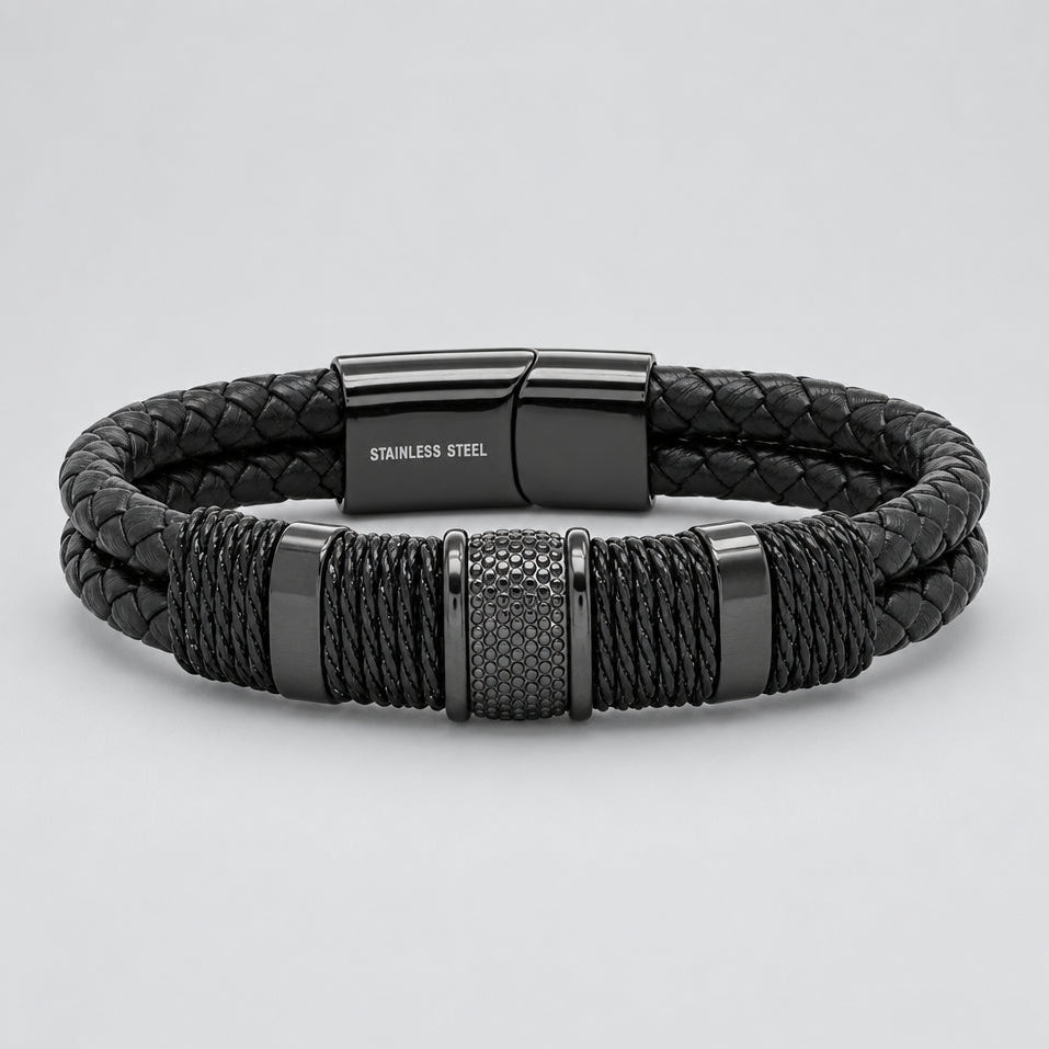 Men's Stealth Black Braided Leather & Stainless Steel Biker Bracelet - Boutique of Leathers/Open Road