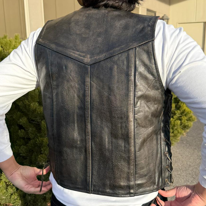 Men’s Buffalo Leather Biker Vest. Adjustable Side Lace Vest