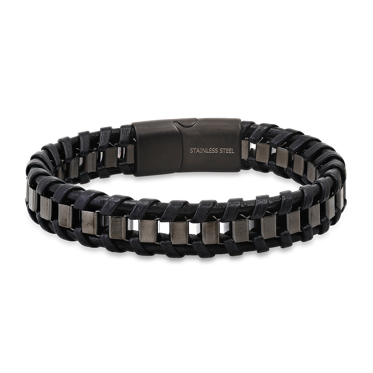 Men's Matte Black Braided Leather & Stainless Steel Box Link Biker Bracelet