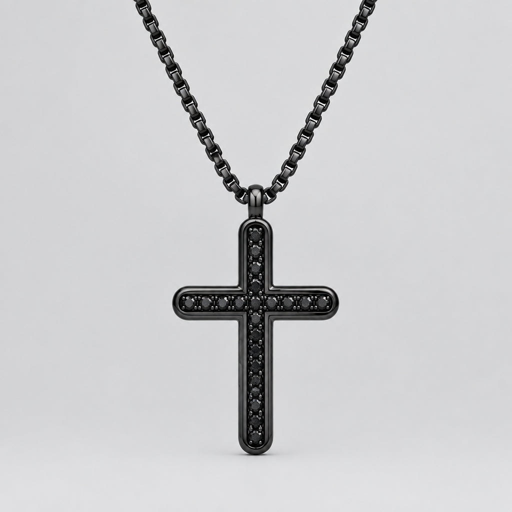 Men’s Black Stainless Steel Cross Pendant. Biker Necklace with Black CZ Accents - Boutique of Leathers/Open Road