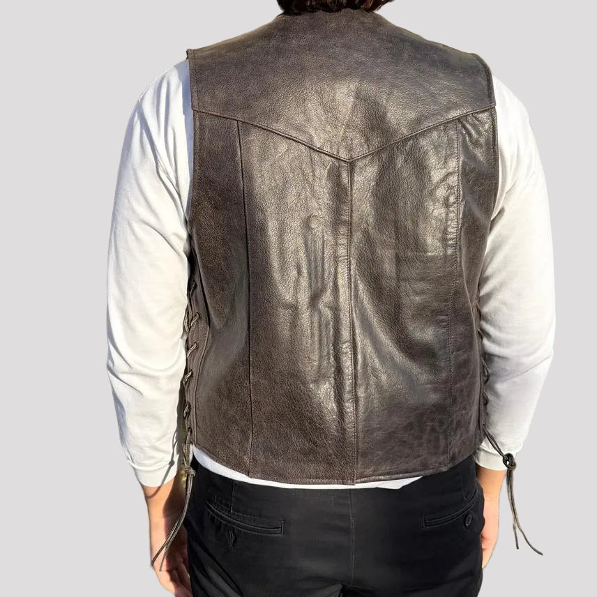 Men’s Buffalo Leather Biker Vest. Adjustable Side Lace Vest