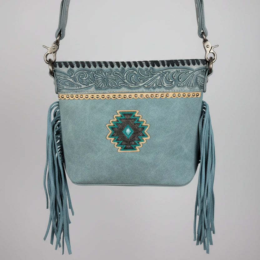 Montana West Tooled Aztec Concho Crossbody. Western Fringe Bag with Floral Strap