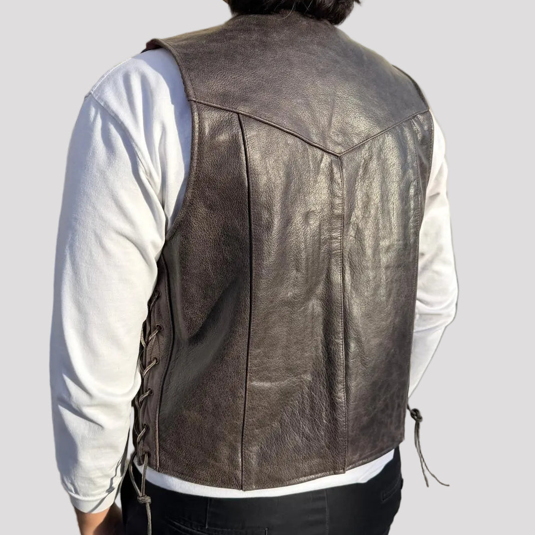 Men’s Buffalo Leather Biker Vest. Adjustable Side Lace Vest