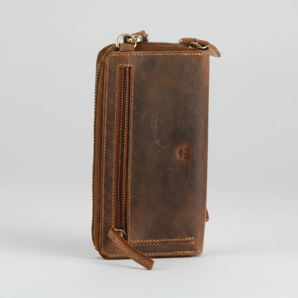 Greenburry Vintage Leather Crossbody Phone Case Wallet. RFID Protected