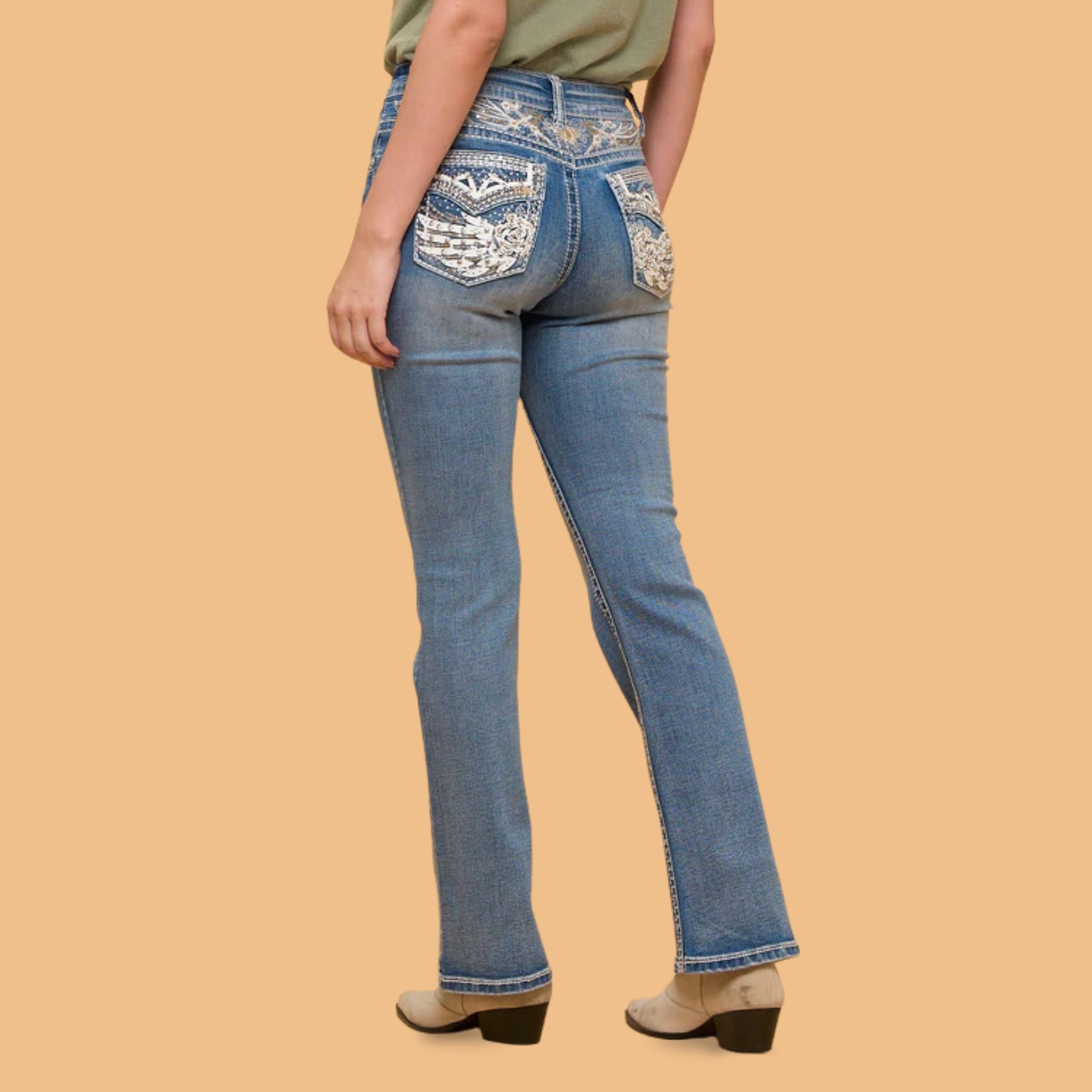 Westfield Eagle Women’s Embroidered Bootcut Jeans. Wings & Rose Bling Denim