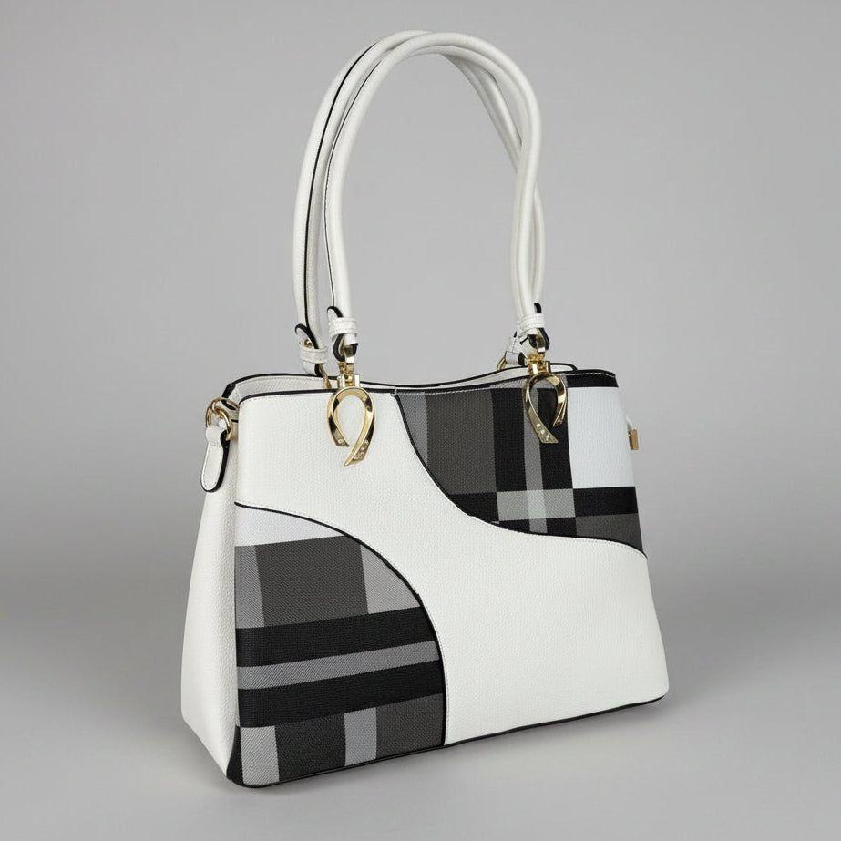 Temptation Italy Plaid Faux Leather Multi-Compartment Tote Bag with Tassel Charm