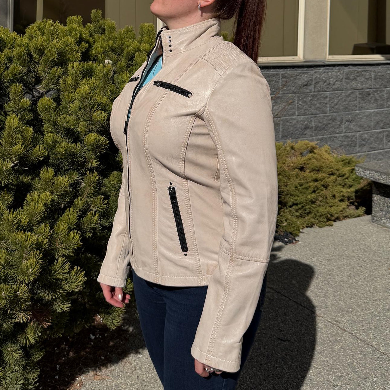 Women's Classic Sheep Leather Jacket. Standing Collar with Studs, 4 Zippered Pockets & Shoulder Accent Stitching - Boutique of Leathers/Open Road