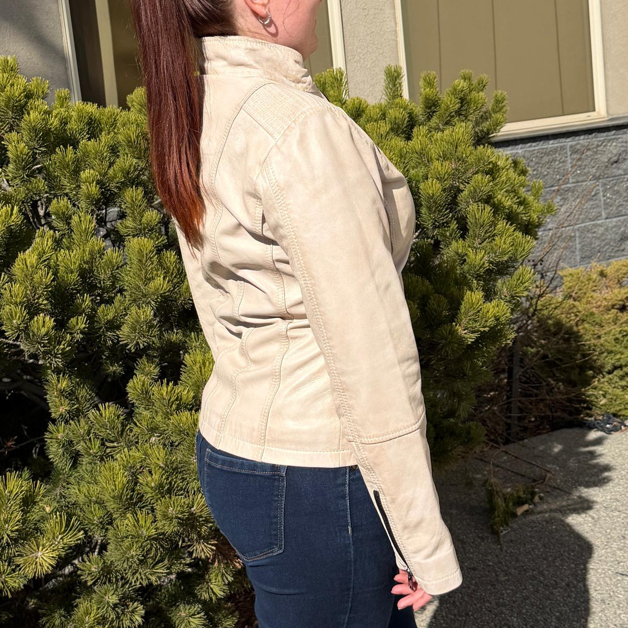 Women's Classic Sheep Leather Jacket. Standing Collar with Studs, 4 Zippered Pockets & Shoulder Accent Stitching - Boutique of Leathers/Open Road
