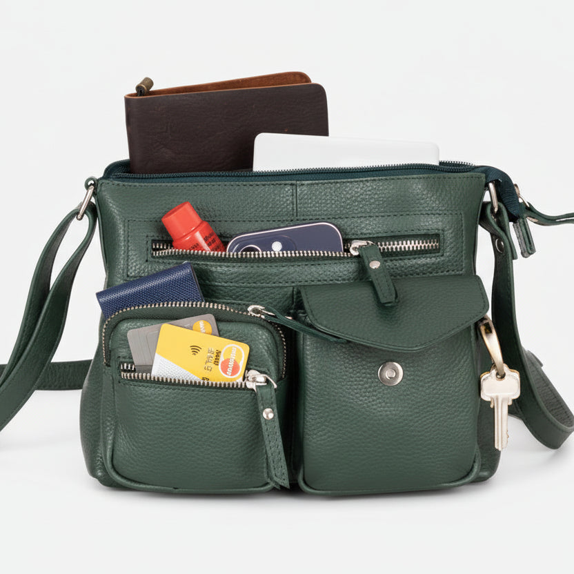 Greenwood Leather Multi-Pocket Crossbody Bag. Premium Pebbled Leather Handbag - Boutique of Leathers/Open Road