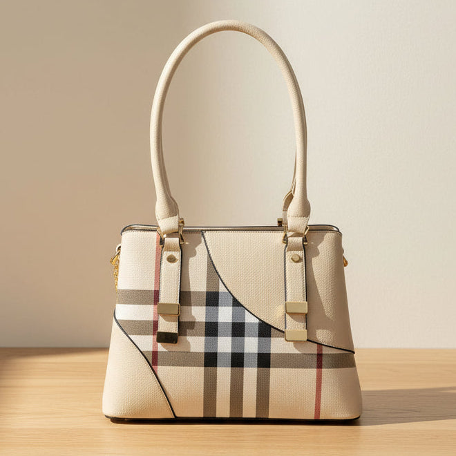 Temptation Italy Plaid Faux Leather Shoulder Bag. Tote with Tassel Charm