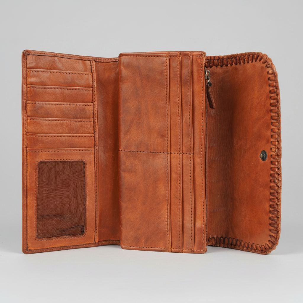 MET Women’s Leather Wallet. Tri-Fold Clutch Organizer with Studded and Whipstitch Detail - Boutique of Leathers/Open Road