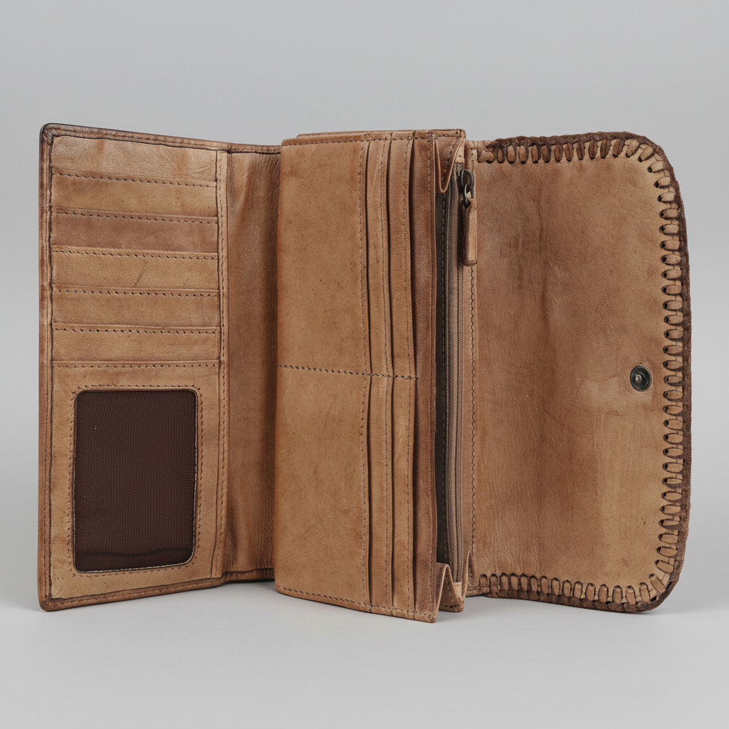 MET Women’s Leather Wallet. Tri-Fold Clutch Organizer with Studded and Whipstitch Detail - Boutique of Leathers/Open Road