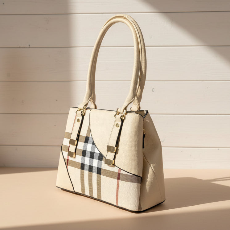 Temptation Italy Plaid Faux Leather Shoulder Bag. Tote with Tassel Charm