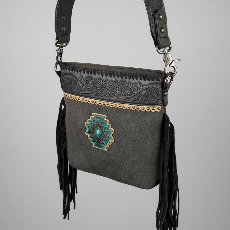 Montana West Tooled Aztec Concho Crossbody. Western Fringe Bag with Floral Strap