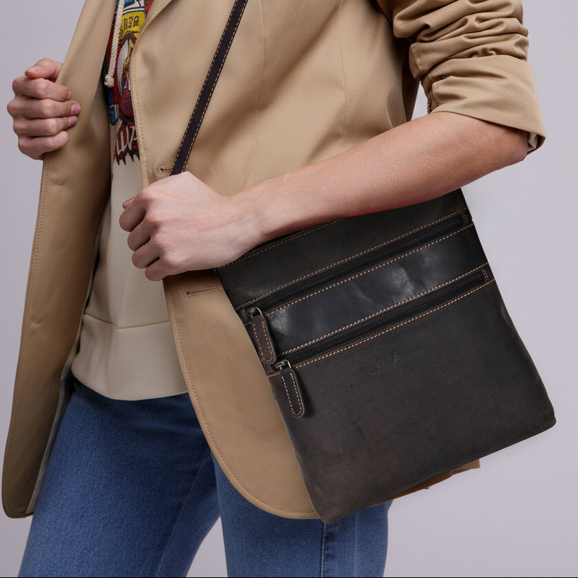 Greenwood Leather Multi Zip Crossbody Bag | Premium Full Grain Leather Shoulder Bag