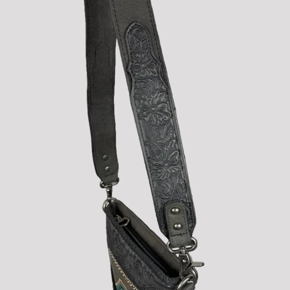 Montana West Tooled Aztec Concho Crossbody. Western Fringe Bag with Floral Strap