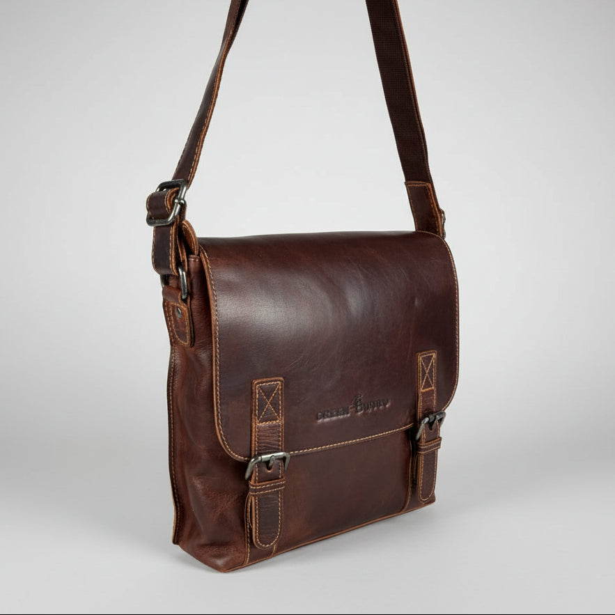 Greenwood Leather Medium Messenger Bag. Wax Pull-Up Leather Tablet Bag & Vintage Shoulder Satchel