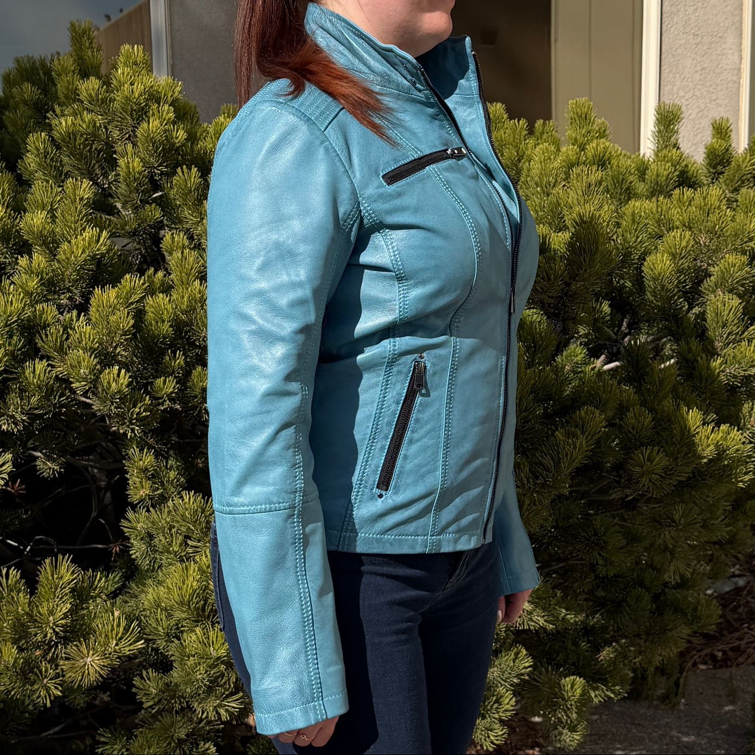 Women's Classic Sheep Leather Jacket. Standing Collar with Studs, 4 Zippered Pockets & Shoulder Accent Stitching - Boutique of Leathers/Open Road