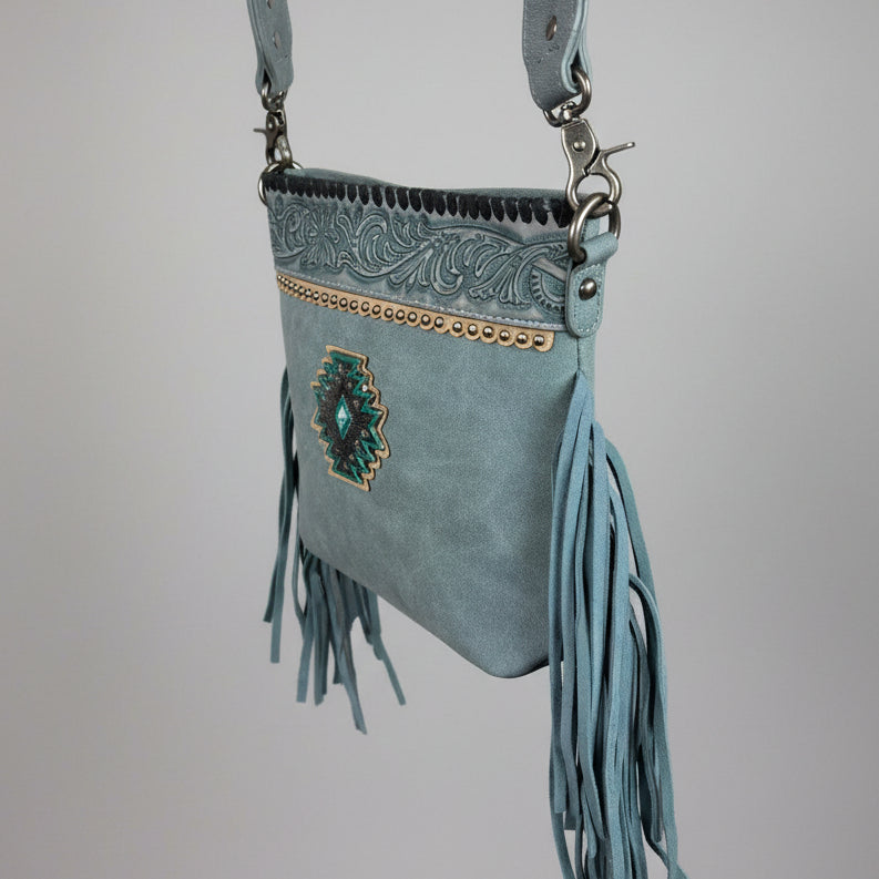 Montana West Tooled Aztec Concho Crossbody. Western Fringe Bag with Floral Strap