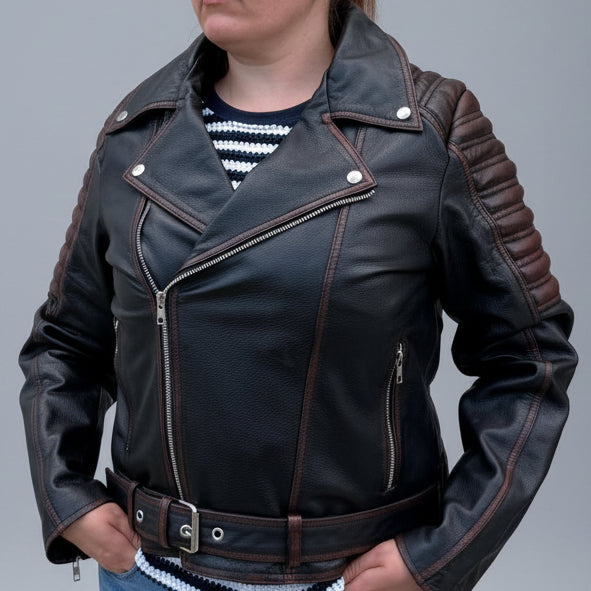 Open Road Women's Genuine Leather Two Tone Motorcycle Jacket - Boutique of Leathers/Open Road