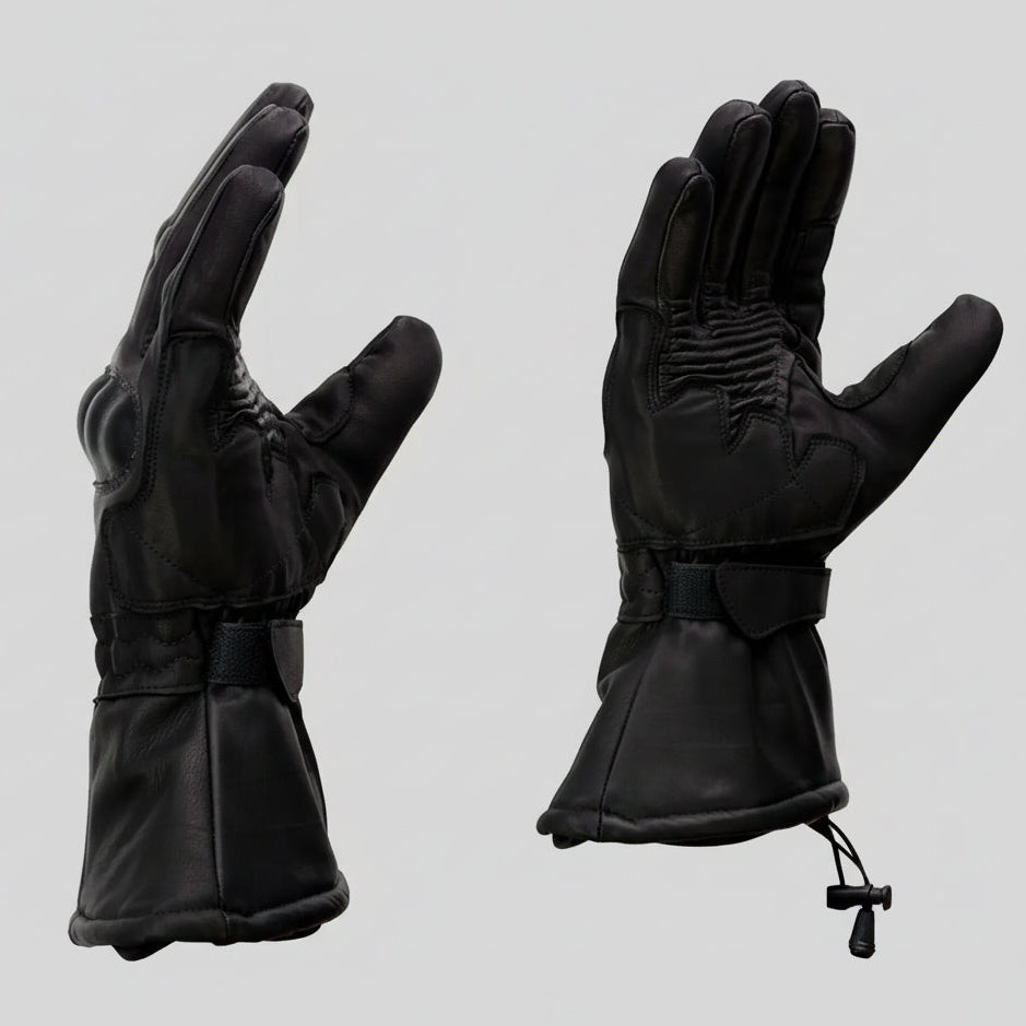 Black gloves with waterproof and knuckle protection features on a beige background