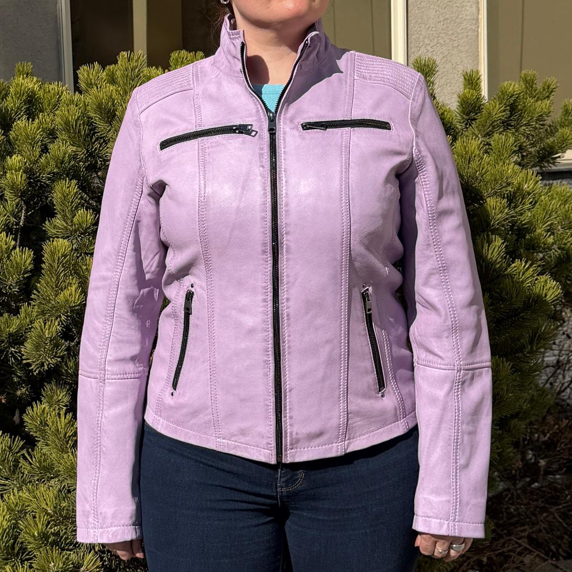 Women's Classic Sheep Leather Jacket. Standing Collar with Studs, 4 Zippered Pockets & Shoulder Accent Stitching - Boutique of Leathers/Open Road