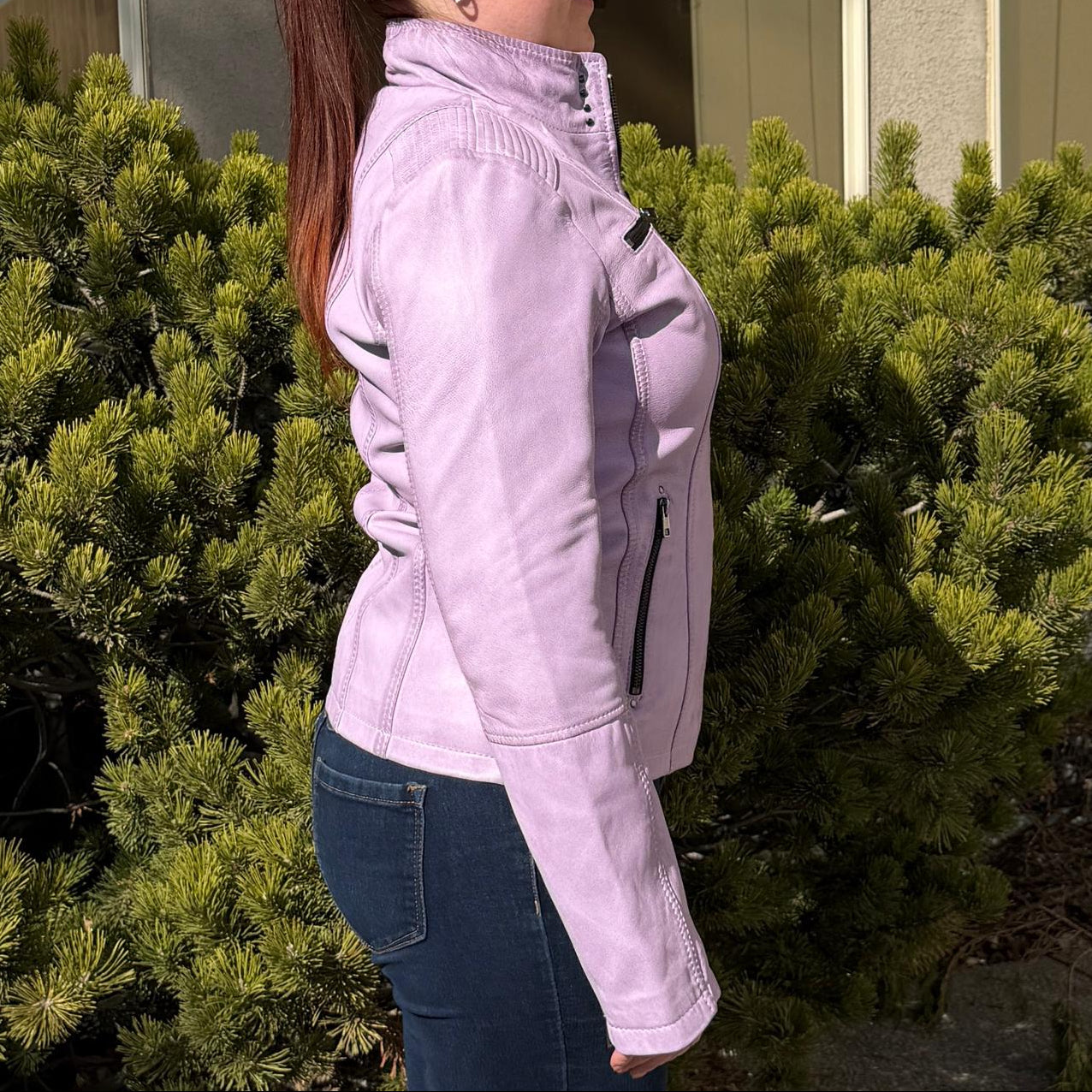 Women's Classic Sheep Leather Jacket. Standing Collar with Studs, 4 Zippered Pockets & Shoulder Accent Stitching - Boutique of Leathers/Open Road