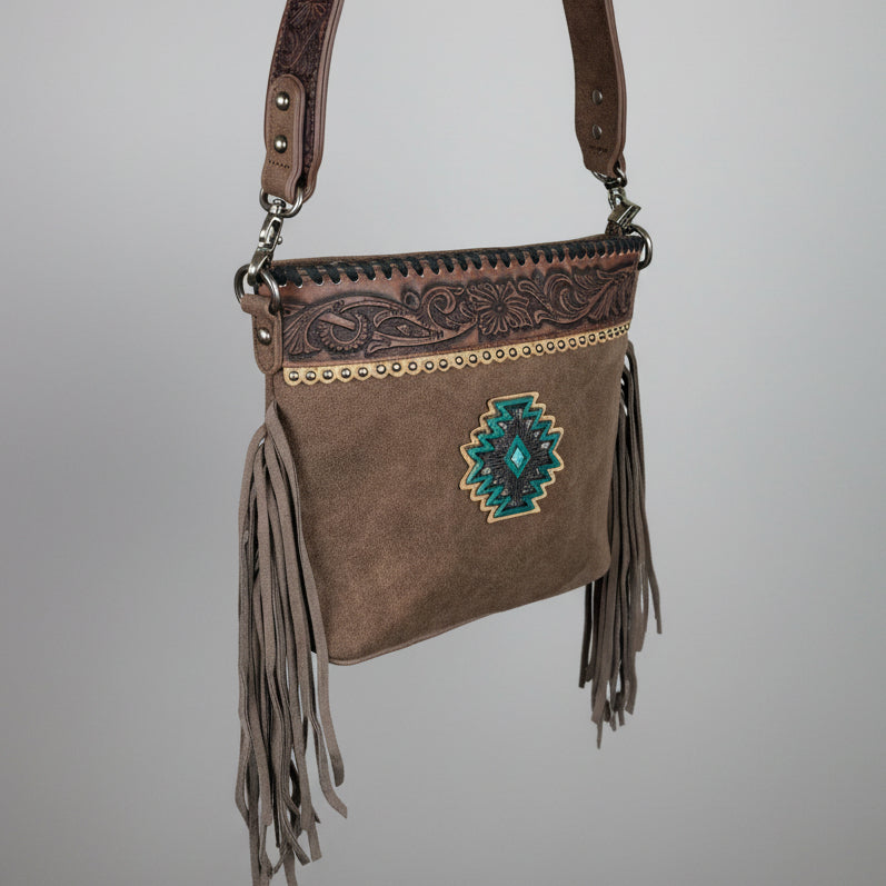 Montana West Tooled Aztec Concho Crossbody. Western Fringe Bag with Floral Strap