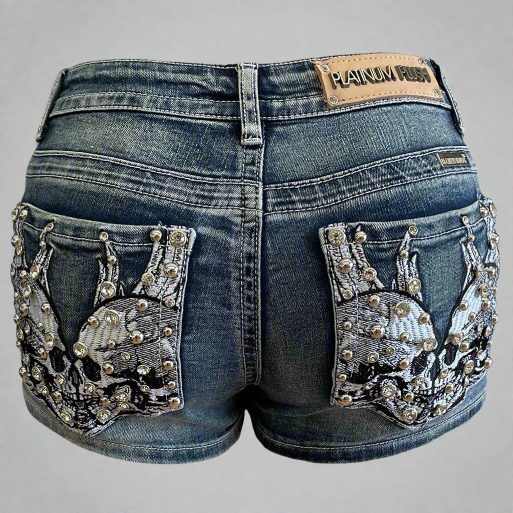Bus Stop Women's Rhinestone Skull Wing Denim Shorts - Boutique of Leathers/Open Road