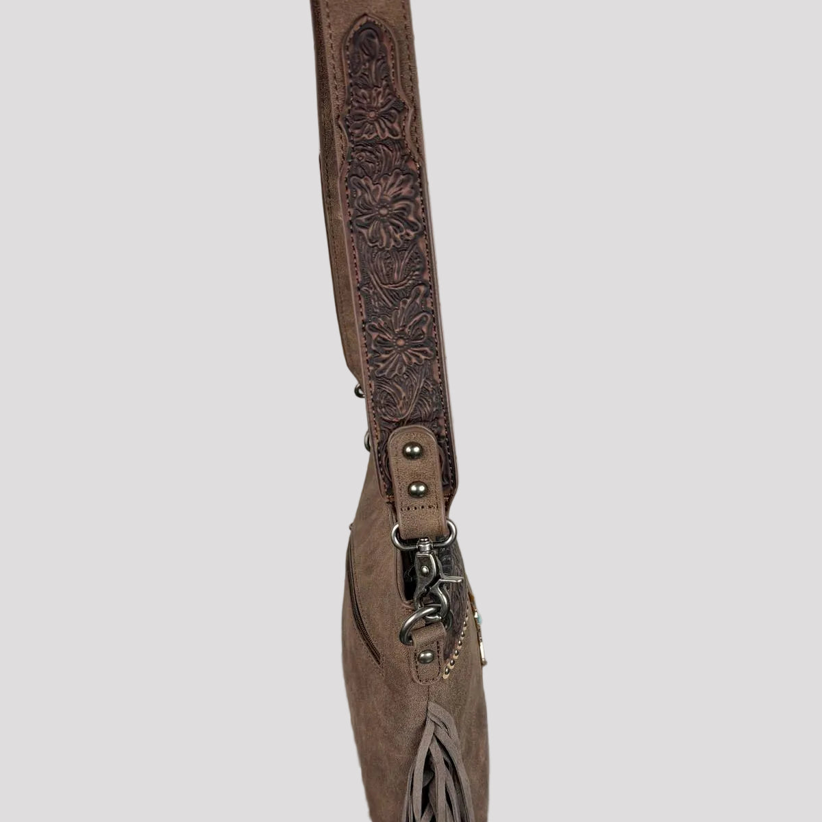Montana West Tooled Aztec Concho Crossbody. Western Fringe Bag with Floral Strap