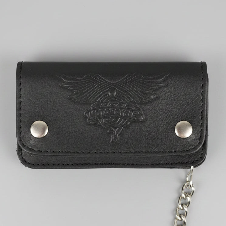 Men’s Leather Motorcycle Chain Wallet with Embossed Wings