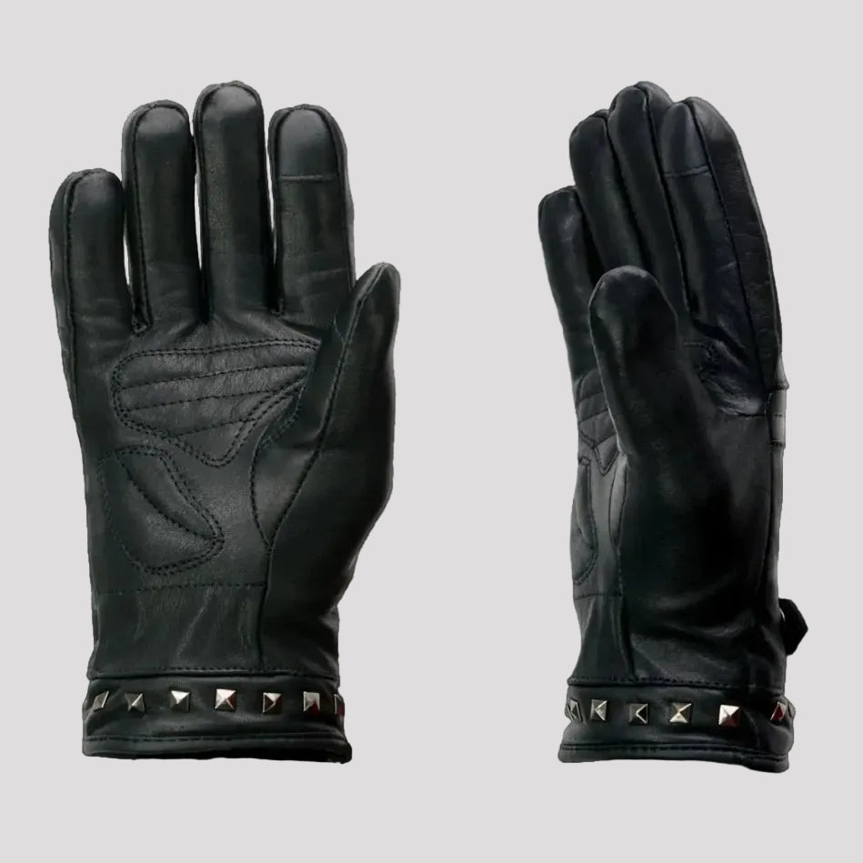 Black leather gloves with studs on a white background, featuring 'iTouch', 'Thermal Lined', and 'Padded' text.