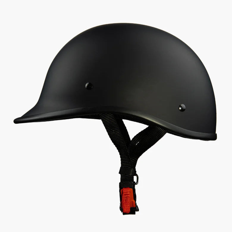 Black motorcycle helmet with chin strap on a white background