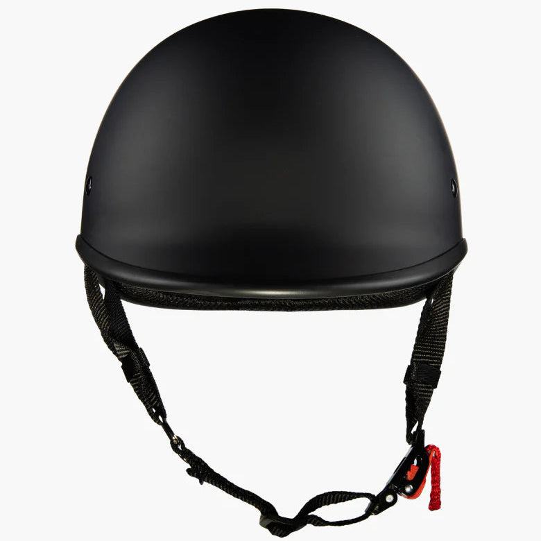 Black helmet with chin strap on a white background